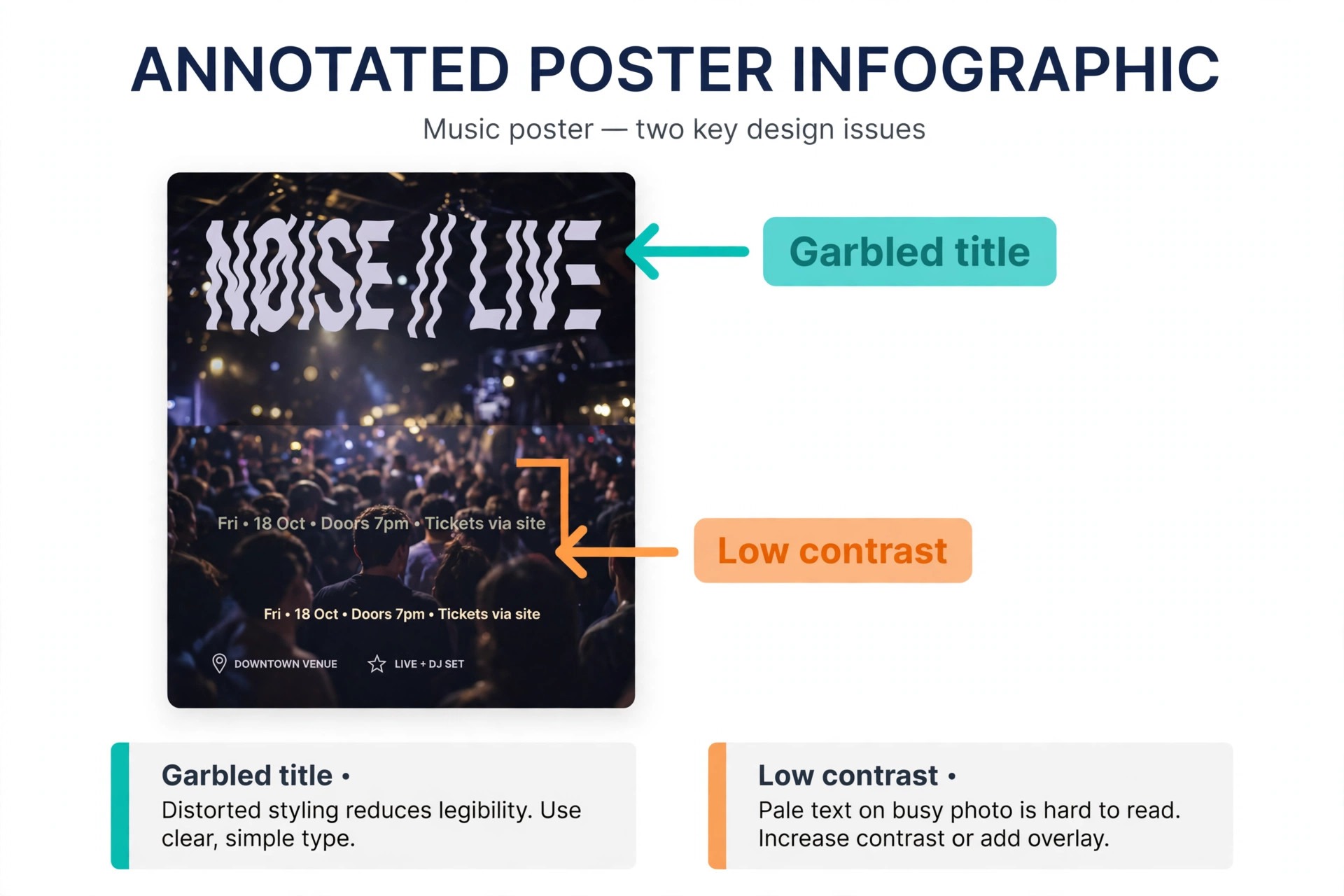 Annotated poster marking garbled title text and contrast problems