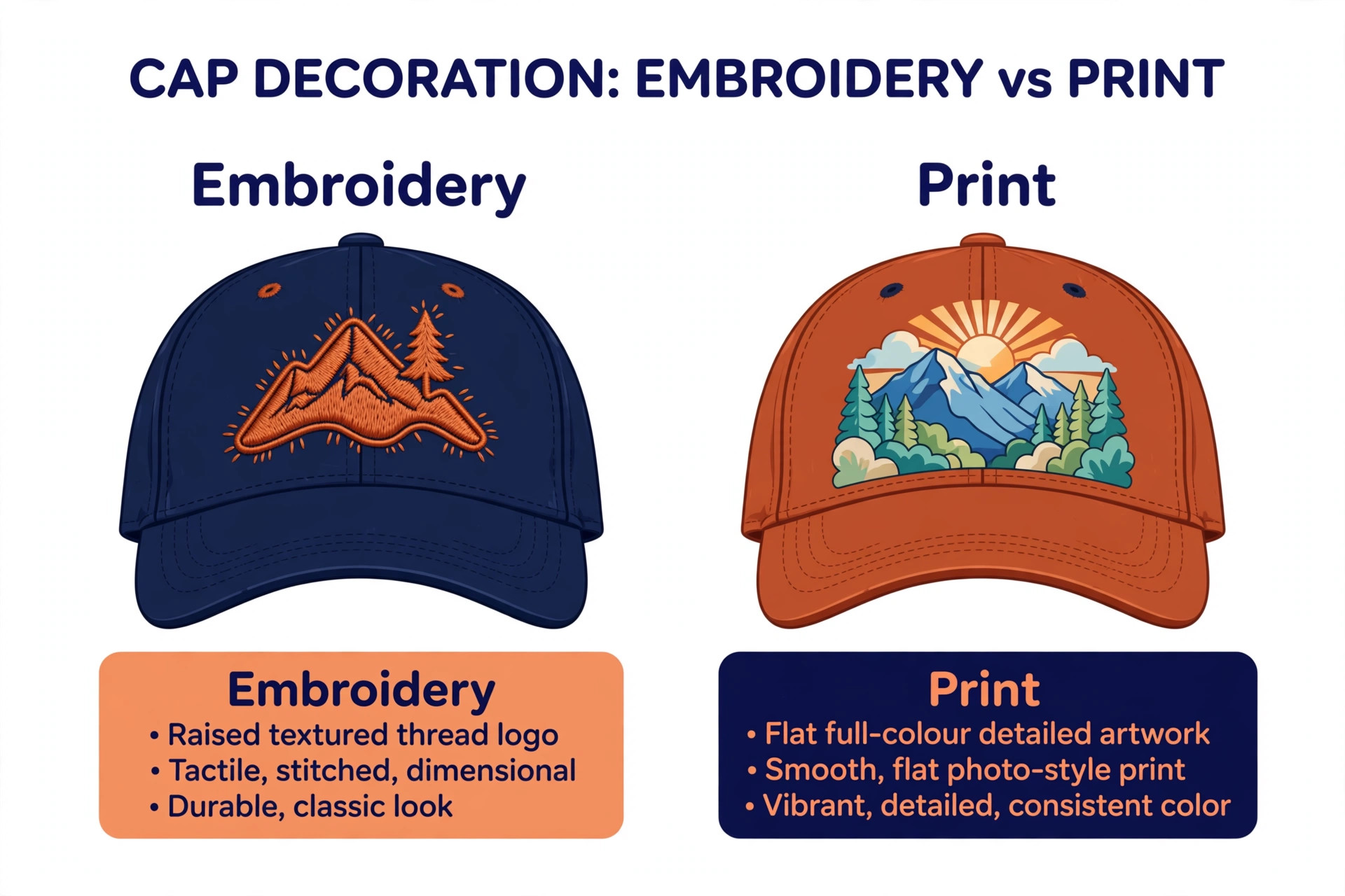 Side by side embroidery and print caps