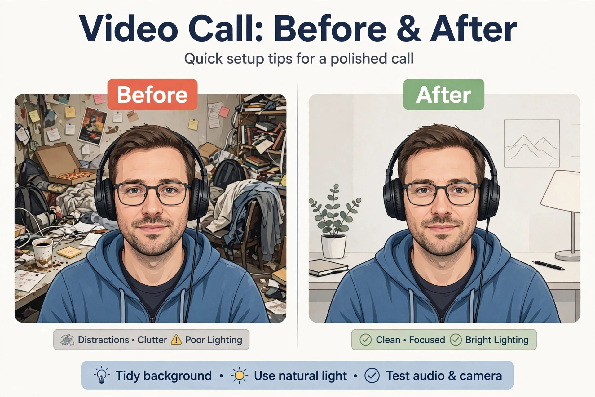 Before and after messy room replaced by clean background