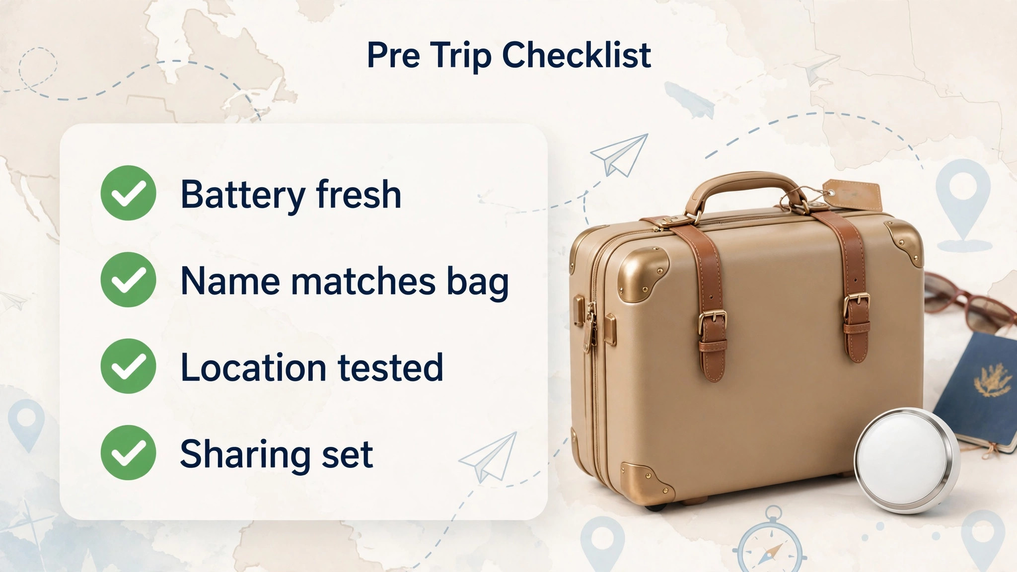 Pre trip checklist for AirTag luggage with battery, name and location items ticked