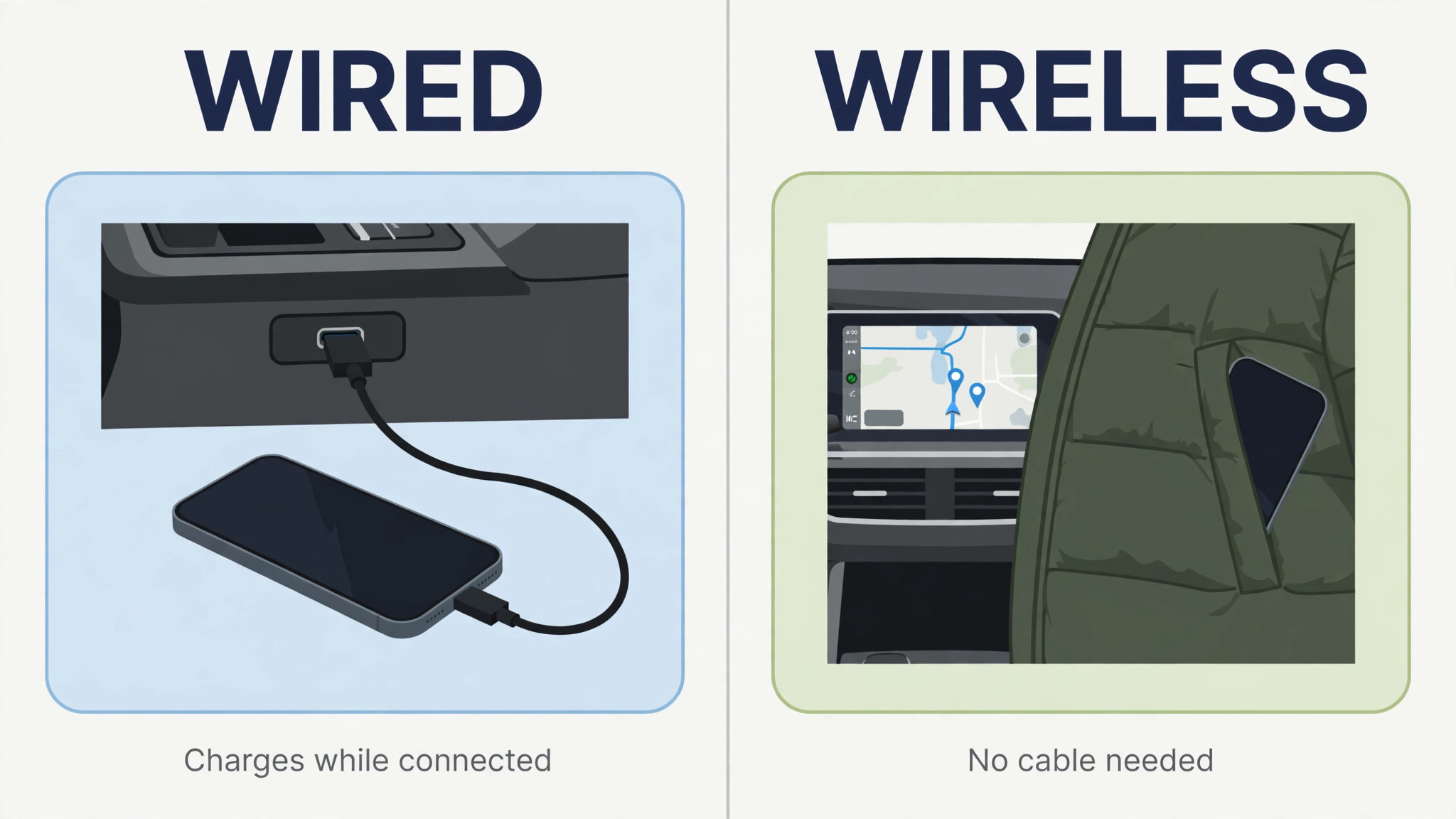 Comparison of wired cable connection beside wireless phone in pocket connection