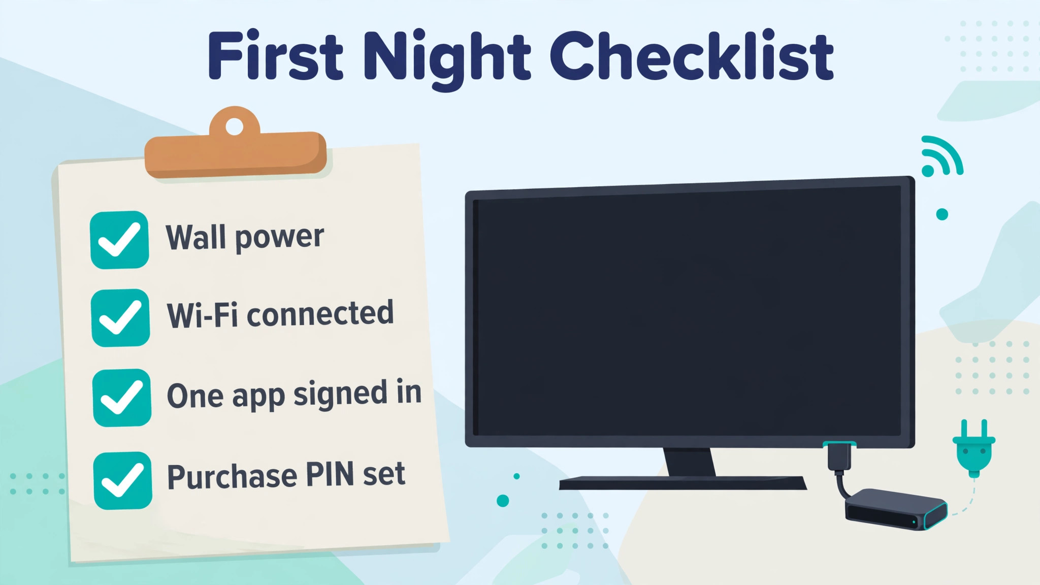 First night checklist for a new Fire TV Stick with ticks beside each finished step