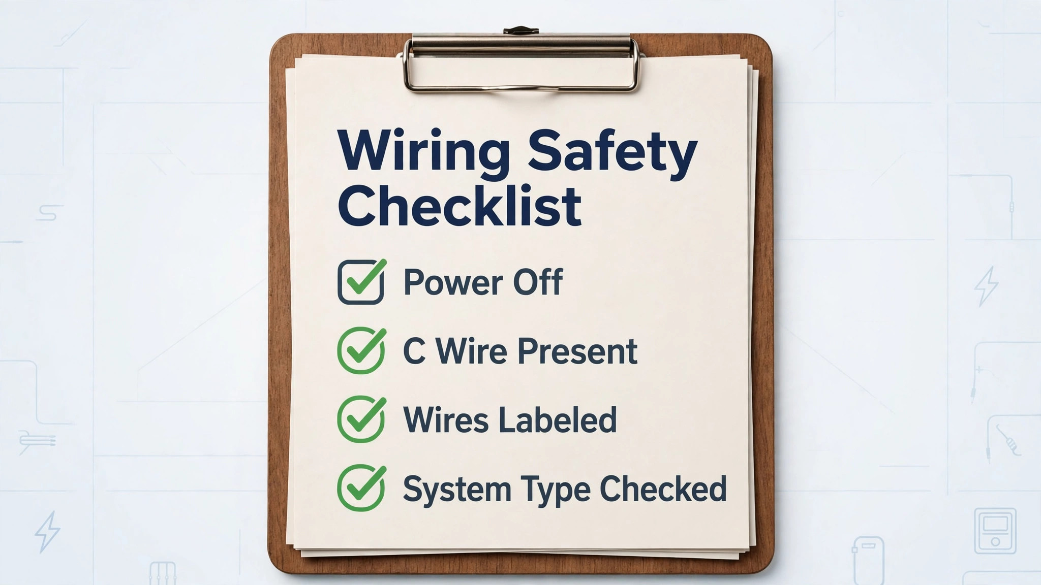 Wiring compatibility checklist with C wire, system type and voltage checks ticked