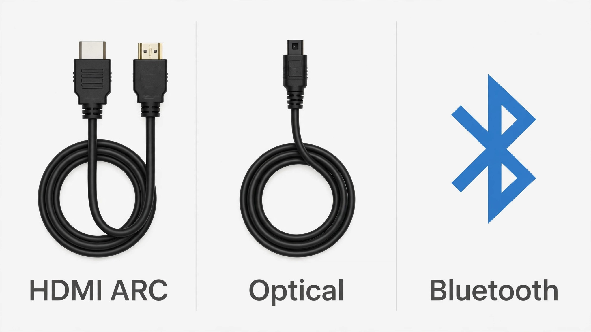 Comparison of HDMI ARC, optical and Bluetooth connections with cables shown side by side