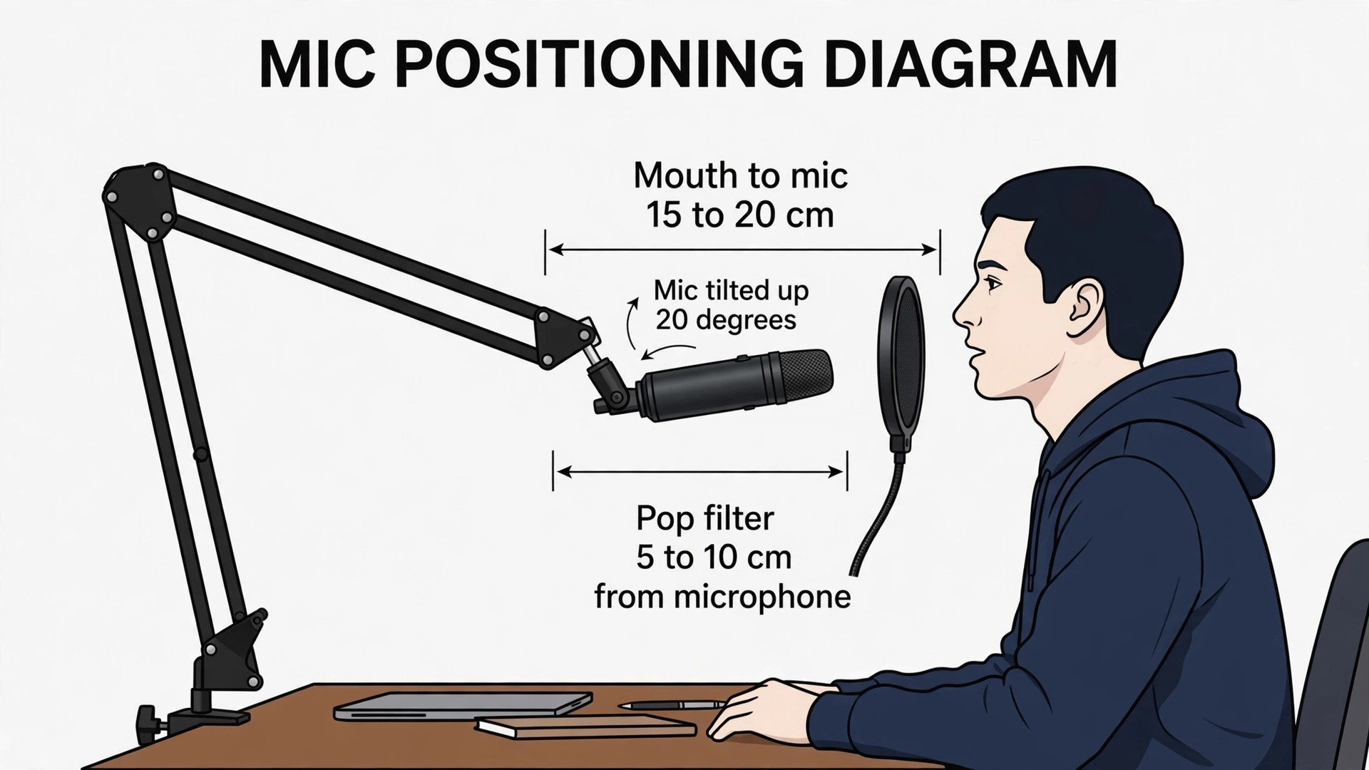 Side view diagram of speaker, pop filter and microphone distances and angles