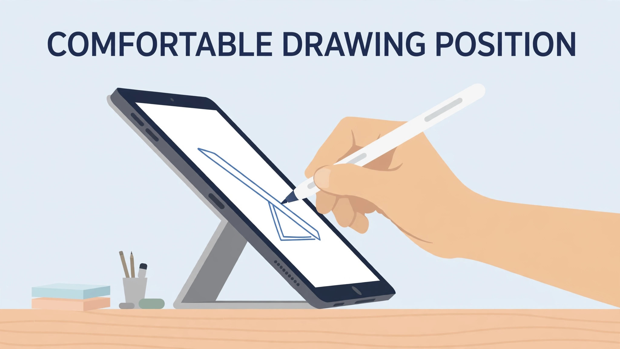Side view diagram of hand, stylus, pop free drawing position and screen angle