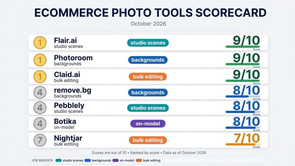 Ecommerce product photo tools scorecard, best tool for backgrounds, studio scenes, on-model shots and bulk editing