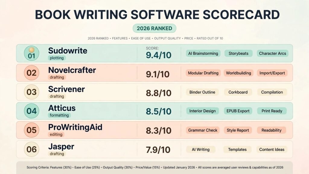 Book writing software scorecard, best tool for plotting, drafting, editing and formatting