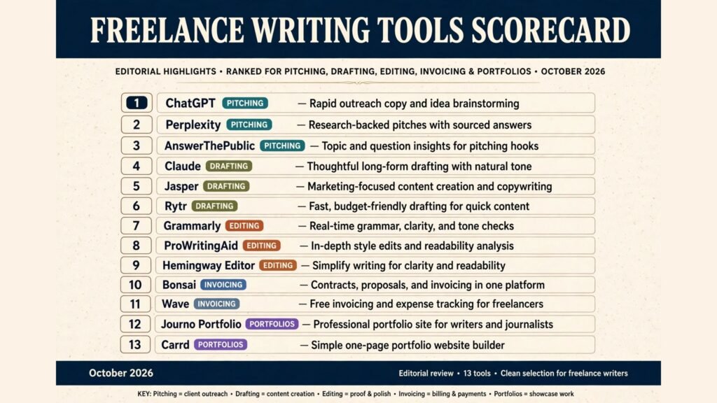 Freelance writing tools scorecard, best tool for pitching, drafting, editing, invoicing and portfolios