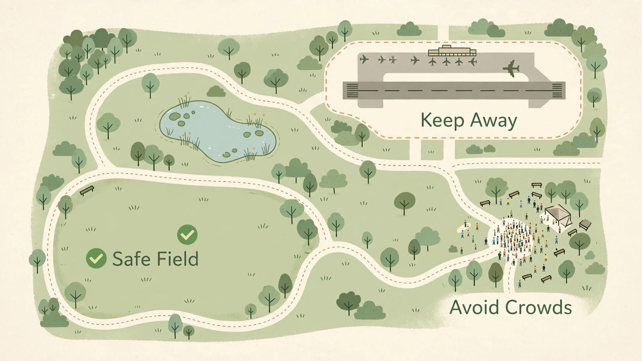 Map showing safe flying field away from airports and crowds