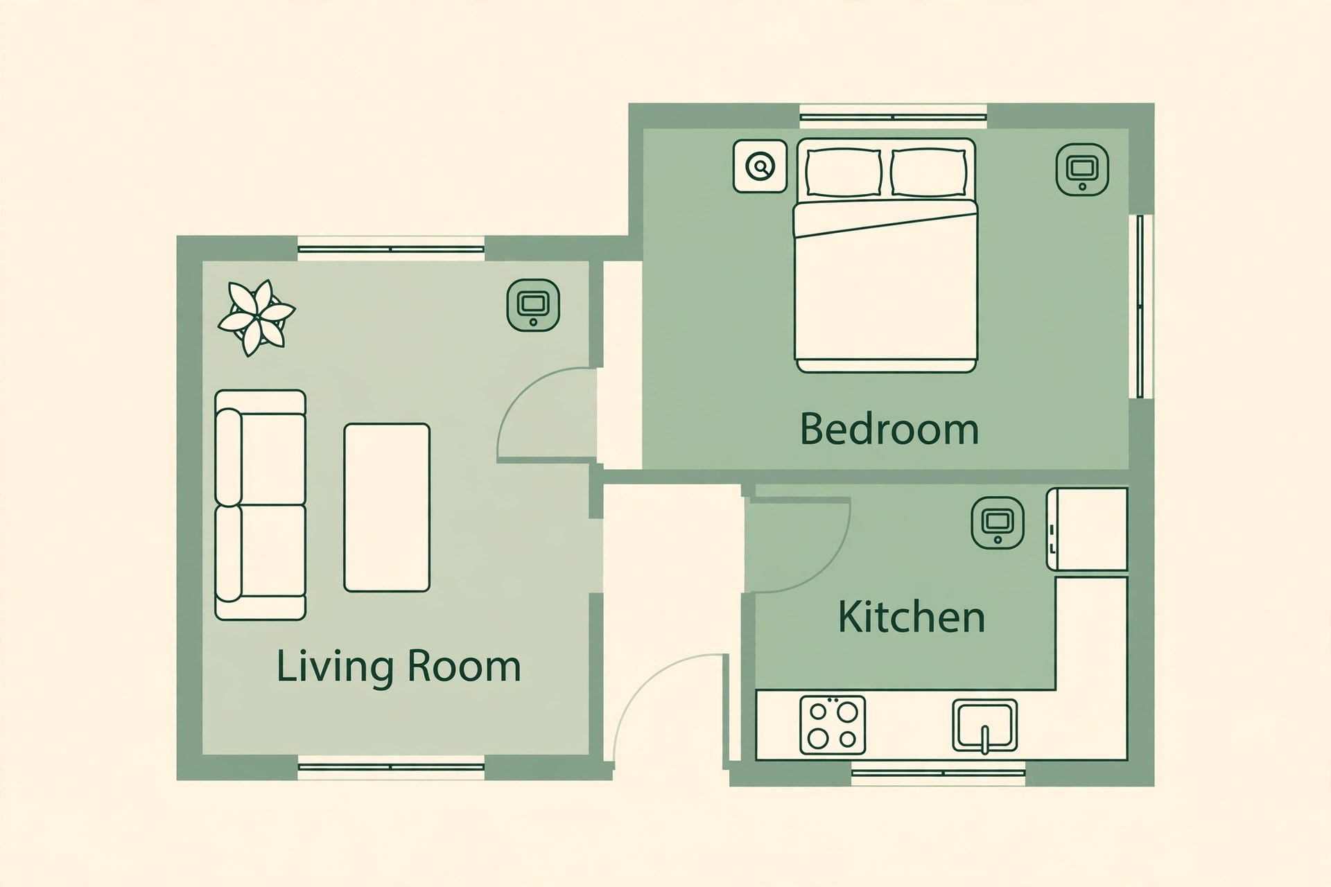 Room placement map for a Nest Hub in kitchen bedroom and living room