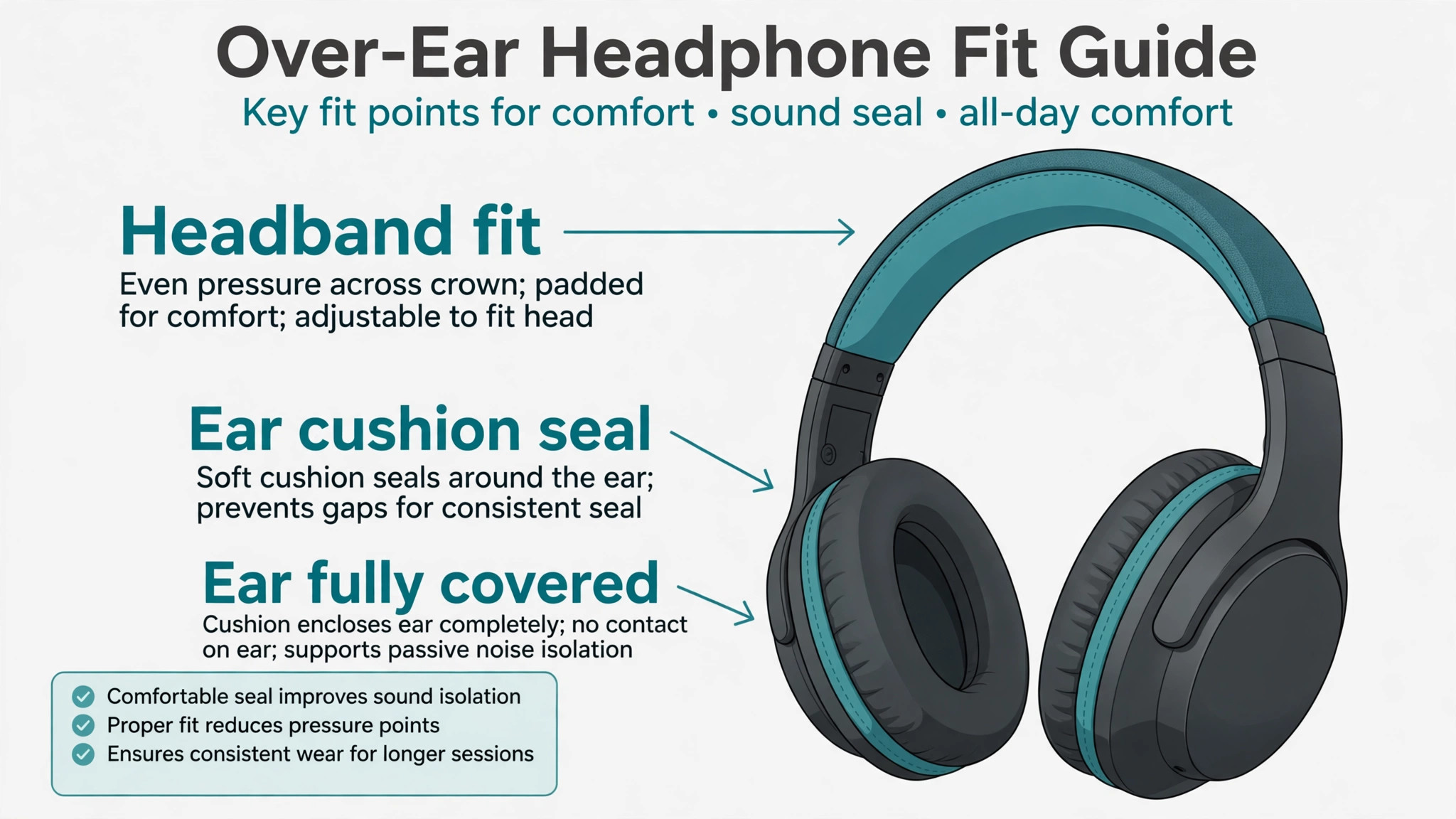 Annotated headphone ear cushion seal and fit check