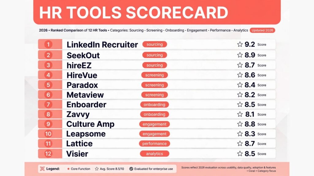 HR tools scorecard, best tool for sourcing, screening, onboarding, engagement and analytics