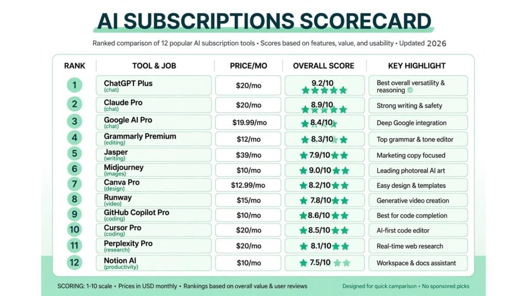AI subscriptions scorecard, best plan for chat, writing, images, video, coding and research
