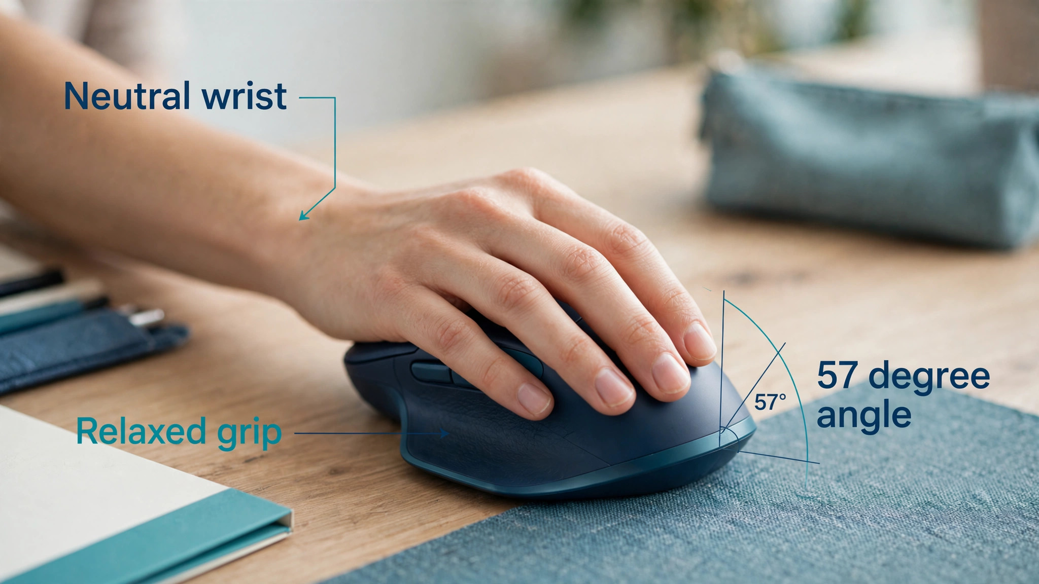Annotated hand position on a vertical mouse