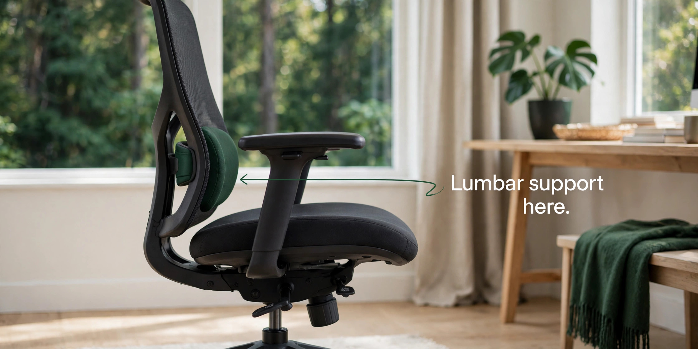 Annotated lumbar support position on an office chair