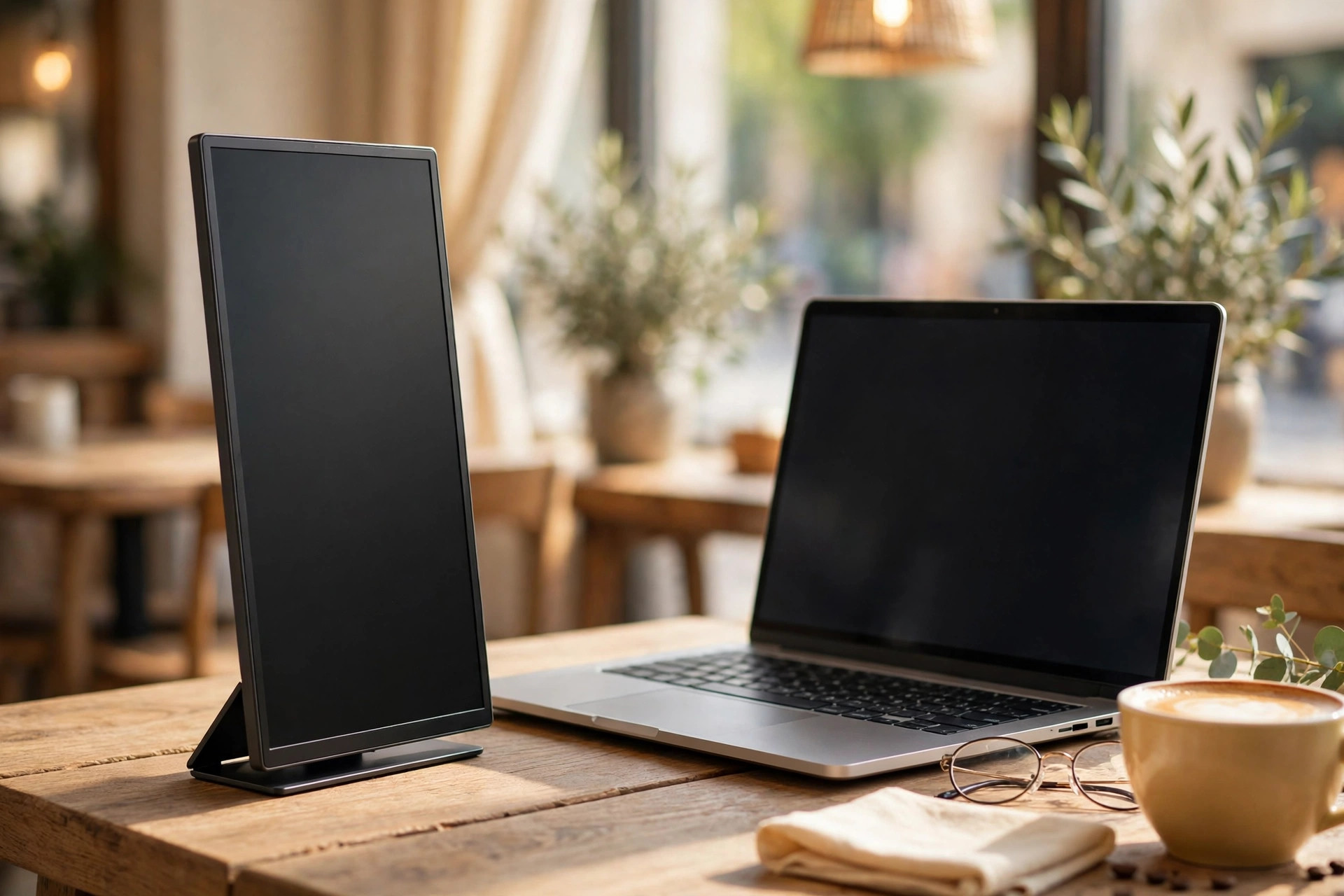 Portable monitor mockup with laptop in a cafe