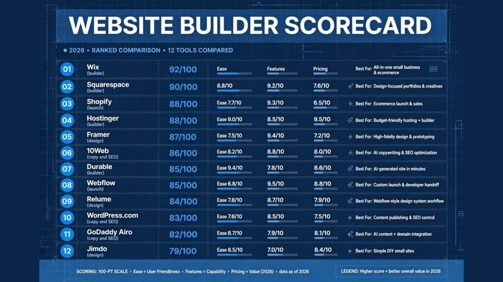 Website builder tools scorecard, best tool for builders, design, copy, SEO and launch