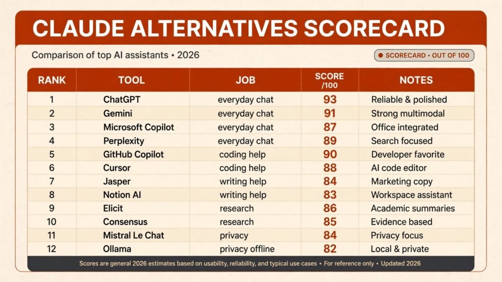 Claude alternatives scorecard, best tool for chat, coding, writing, research and privacy