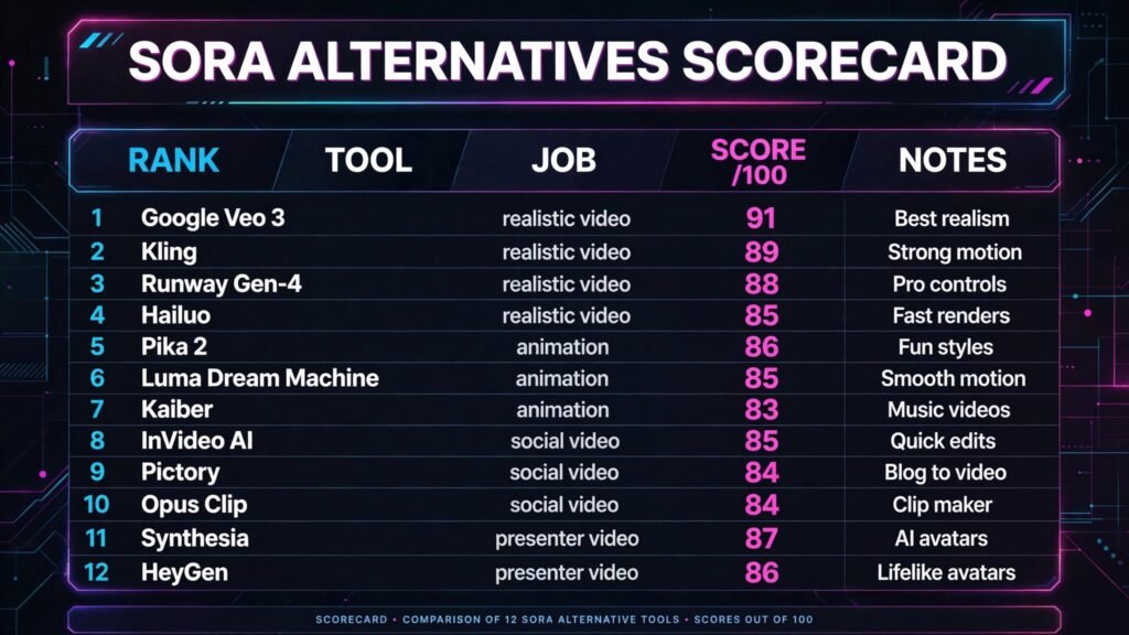 Sora alternatives scorecard, best tool for realistic video, animation, social shorts and product video