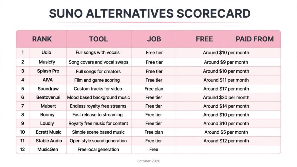 Suno alternatives scorecard, best tool for songs, scoring, background music and royalty free audio