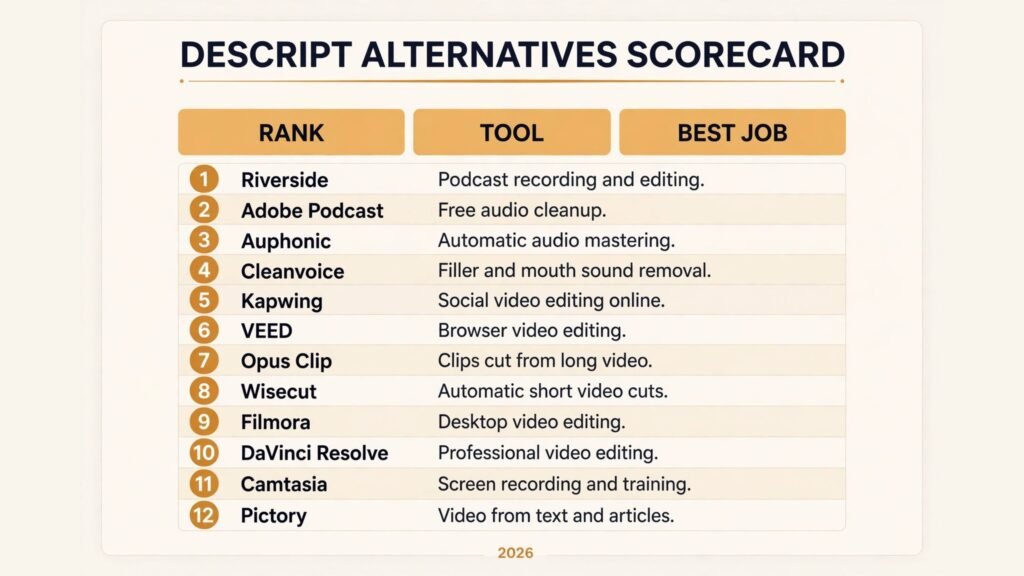 Descript alternatives scorecard, best tool for podcasts, social video, cleanup and full editing