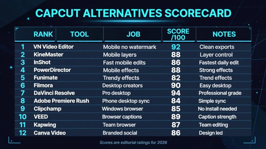 CapCut alternatives scorecard, best tool for mobile, desktop and browser video editing
