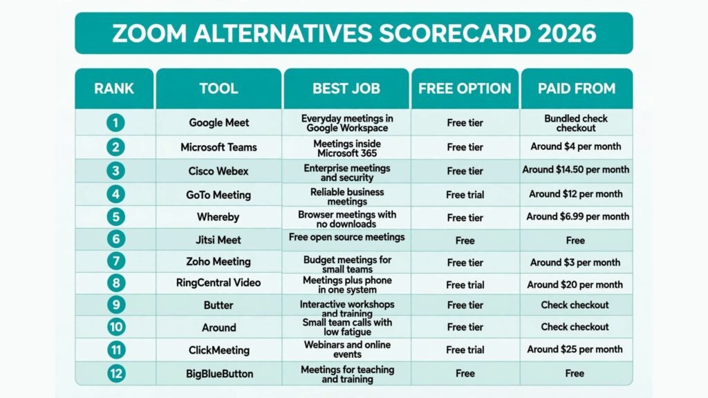Zoom alternatives scorecard, best tool for everyday meetings, enterprise, browser calls and webinars