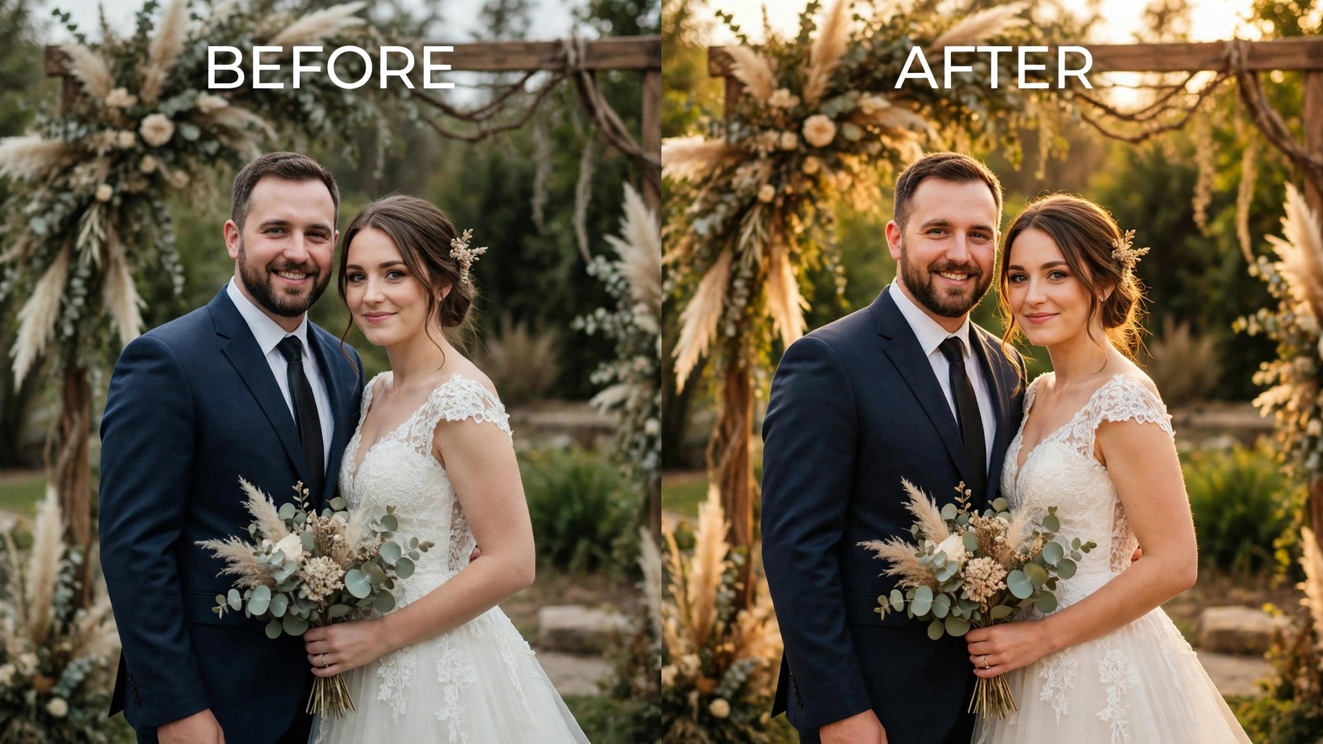 Before and after wedding portrait edited with a Lightroom preset