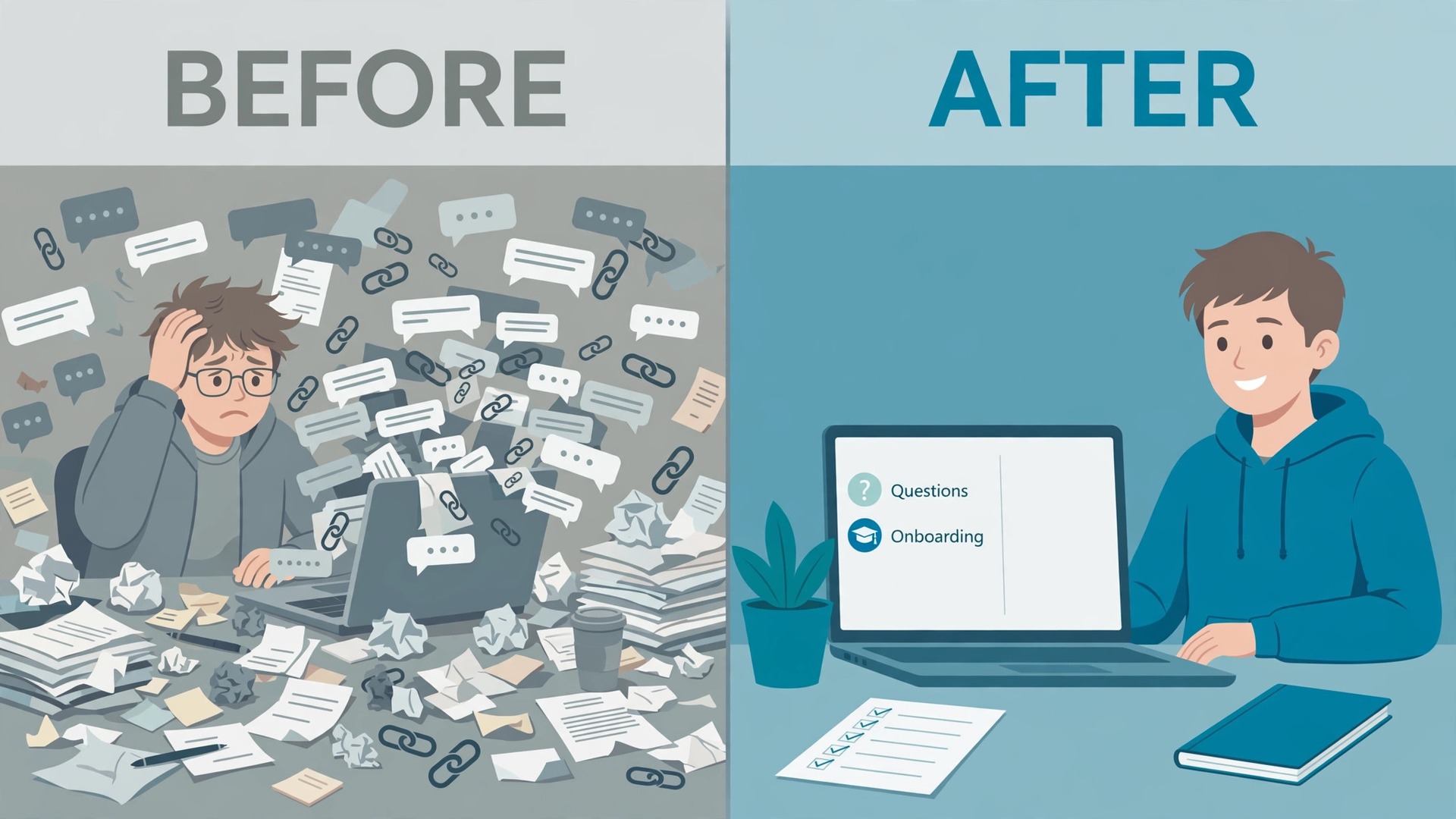 Before and after view of messy onboarding versus organised Teams channels
