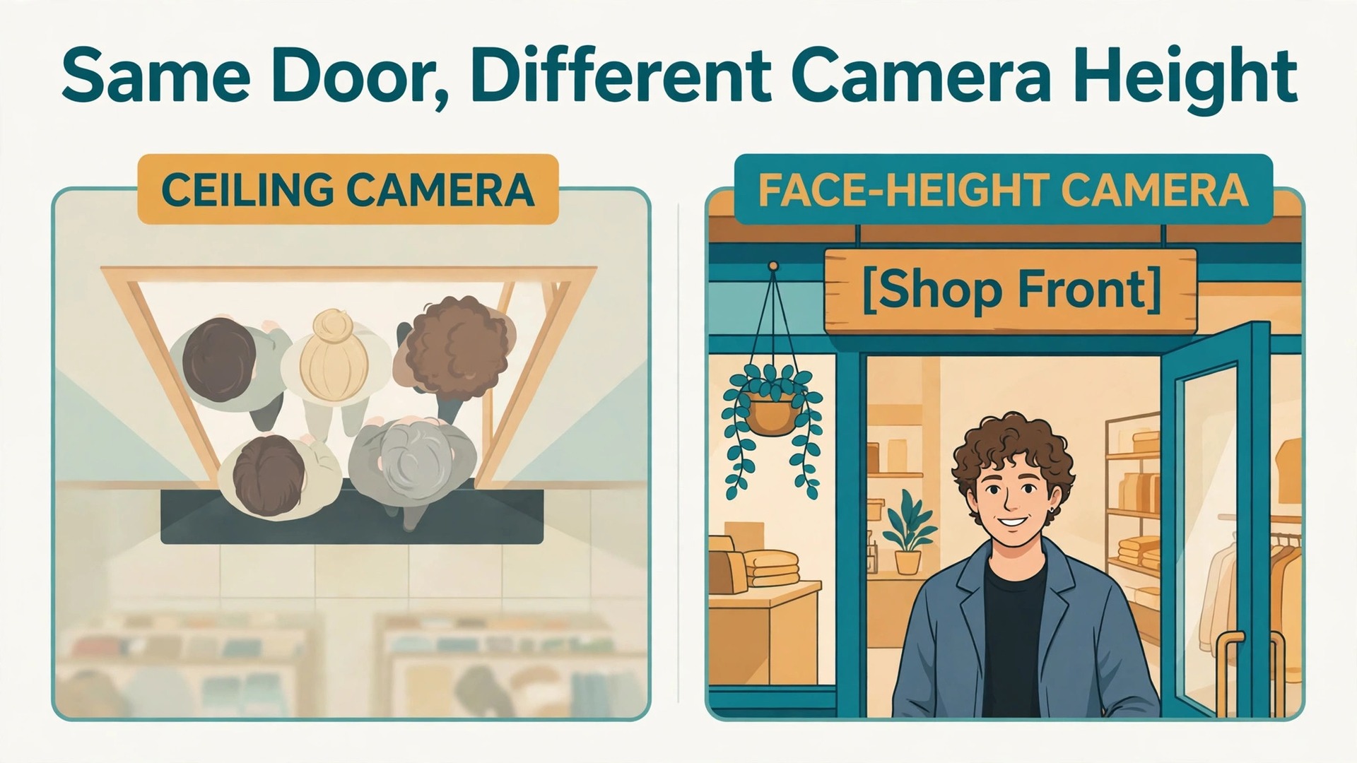 Before and after security camera placement at a small shop entrance