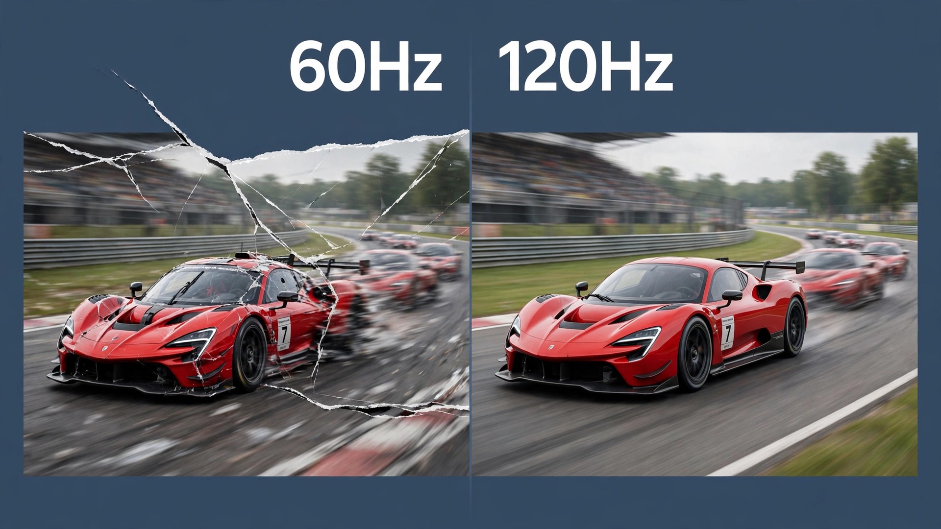 Before and after comparison of a racing game at 60Hz and 120Hz