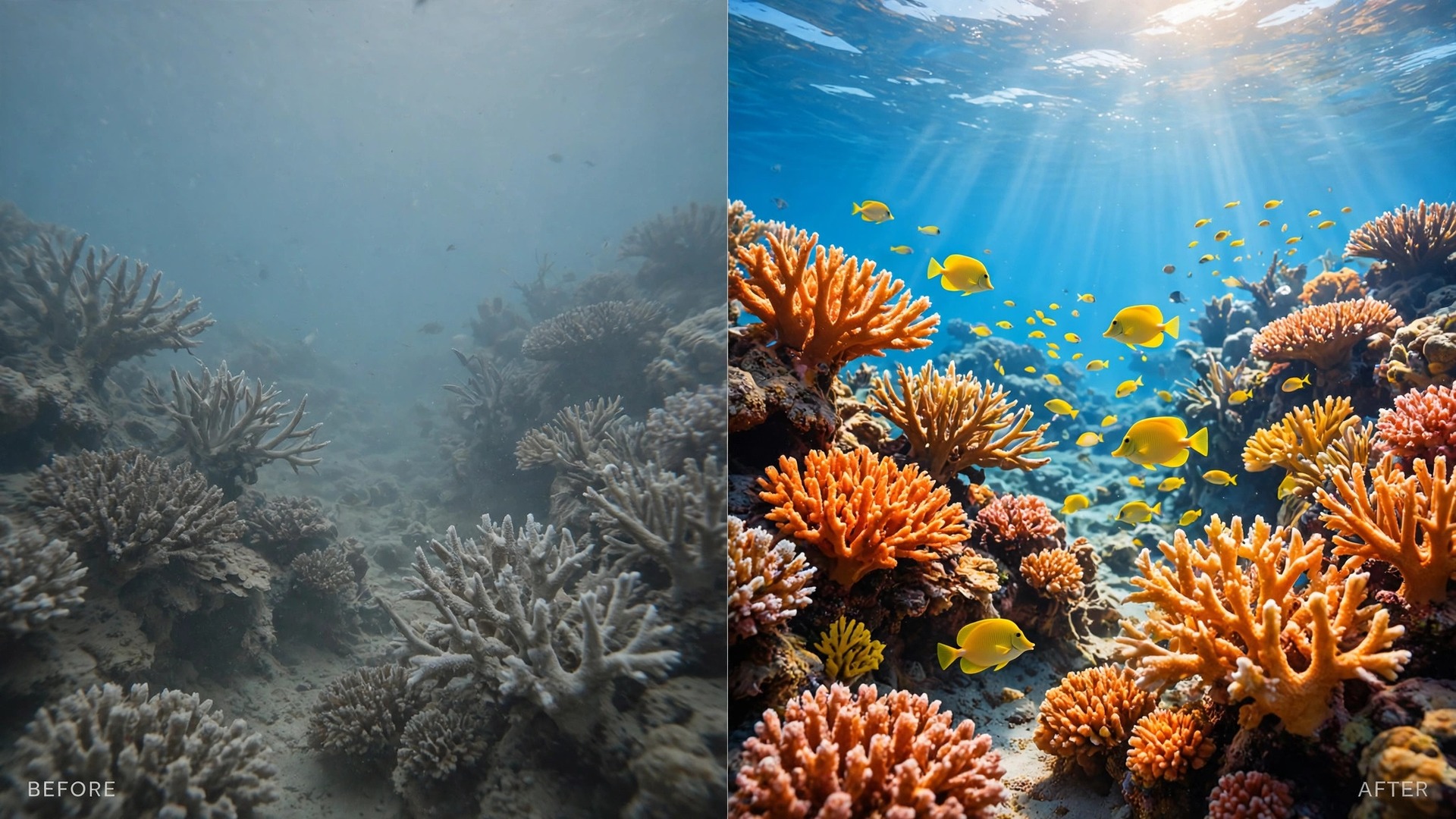 Before and after underwater reef photo showing blue cast corrected to warm clear colours