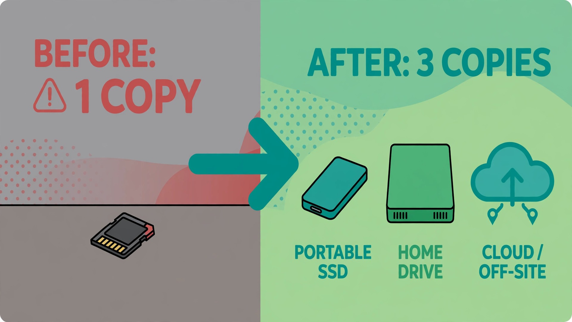 Before and after comparison of one memory card versus three backup copies