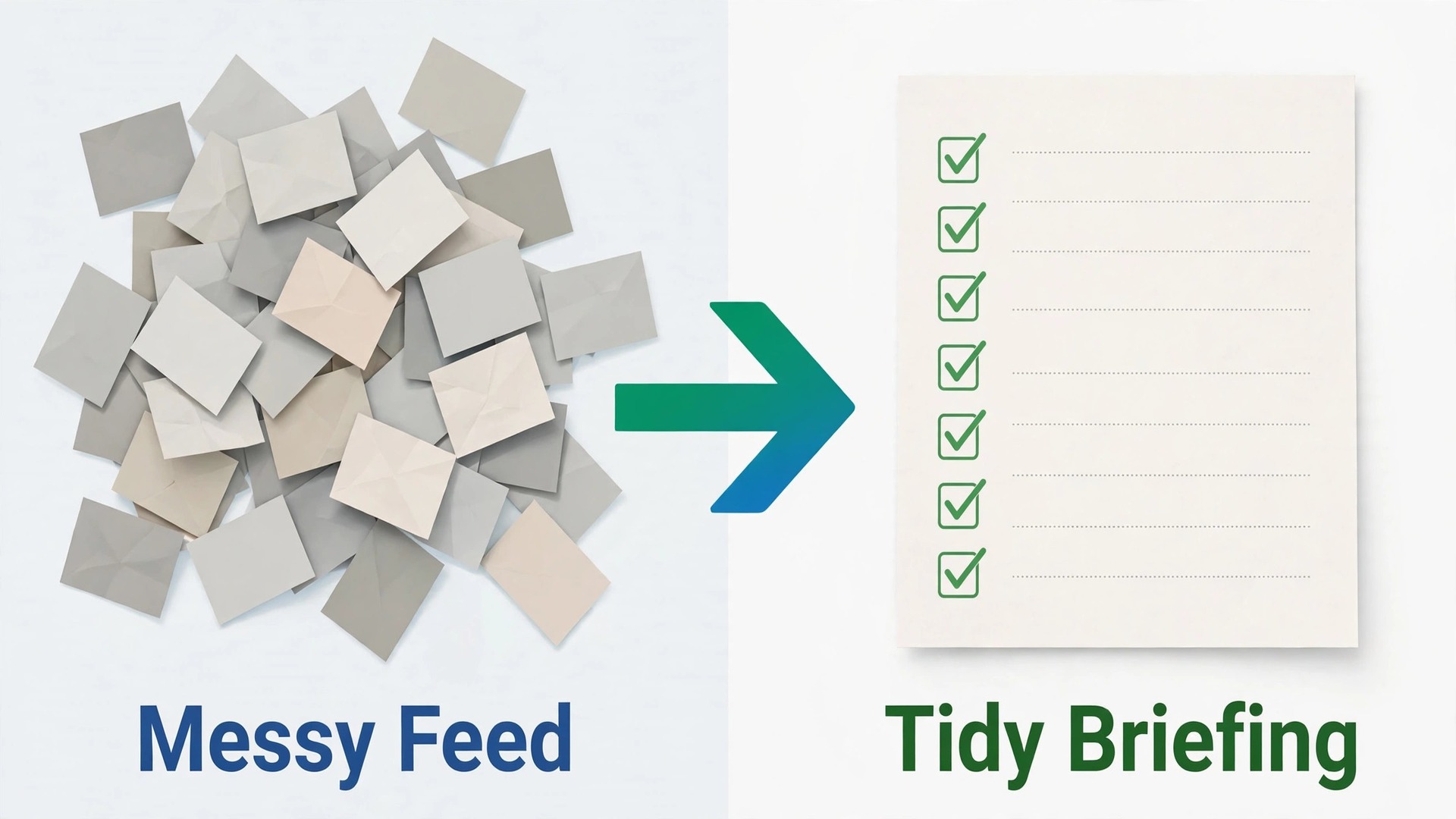 Before and after of a scattered news feed versus a tidy morning briefing