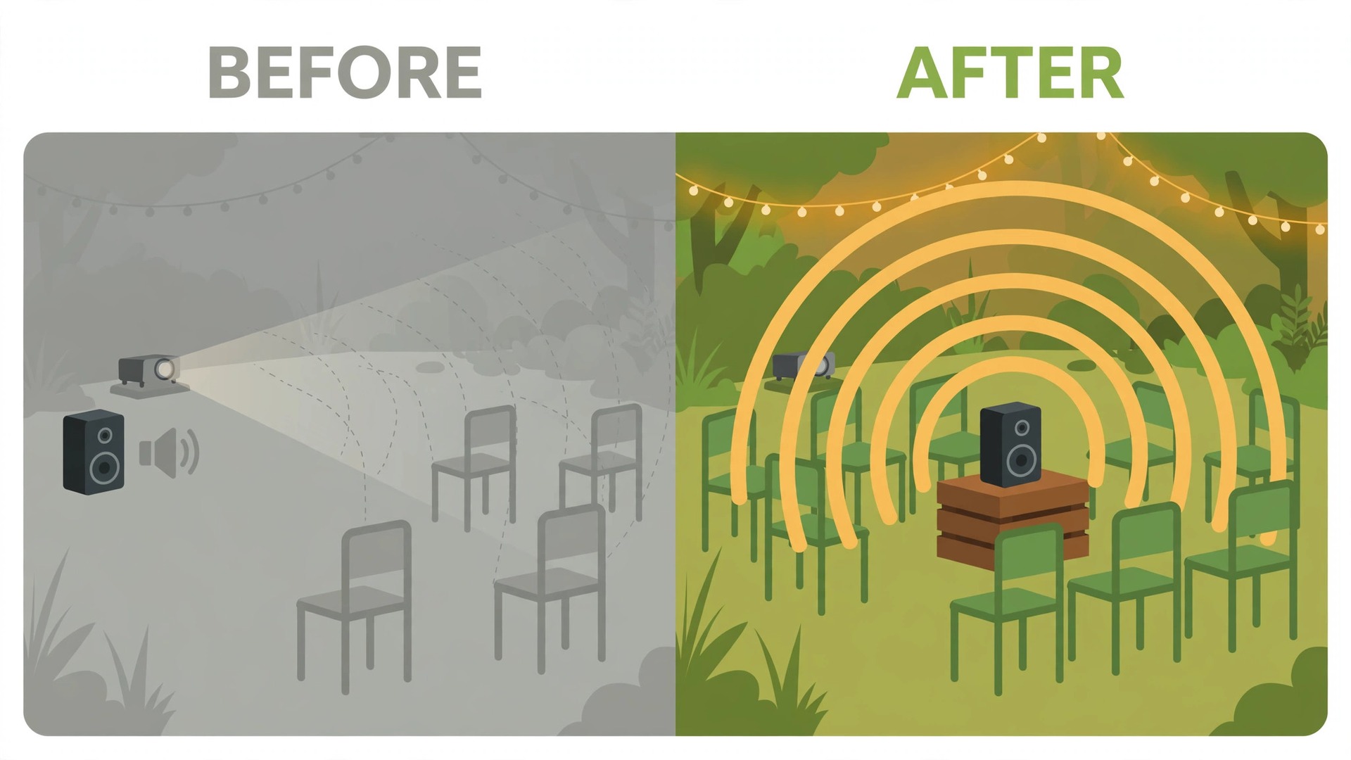 Before and after outdoor movie sound with speaker moved among seats