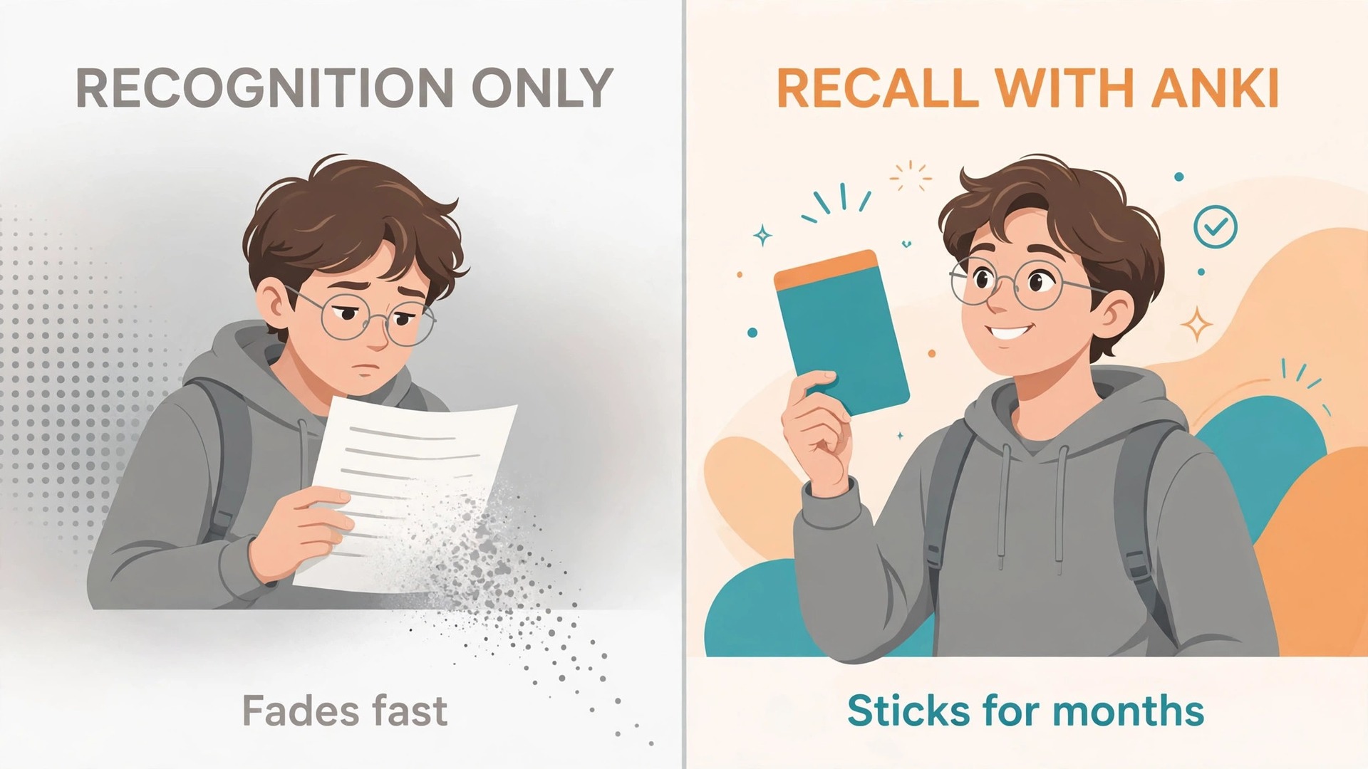 Before and after comparison of recognition only study versus recall based Anki review
