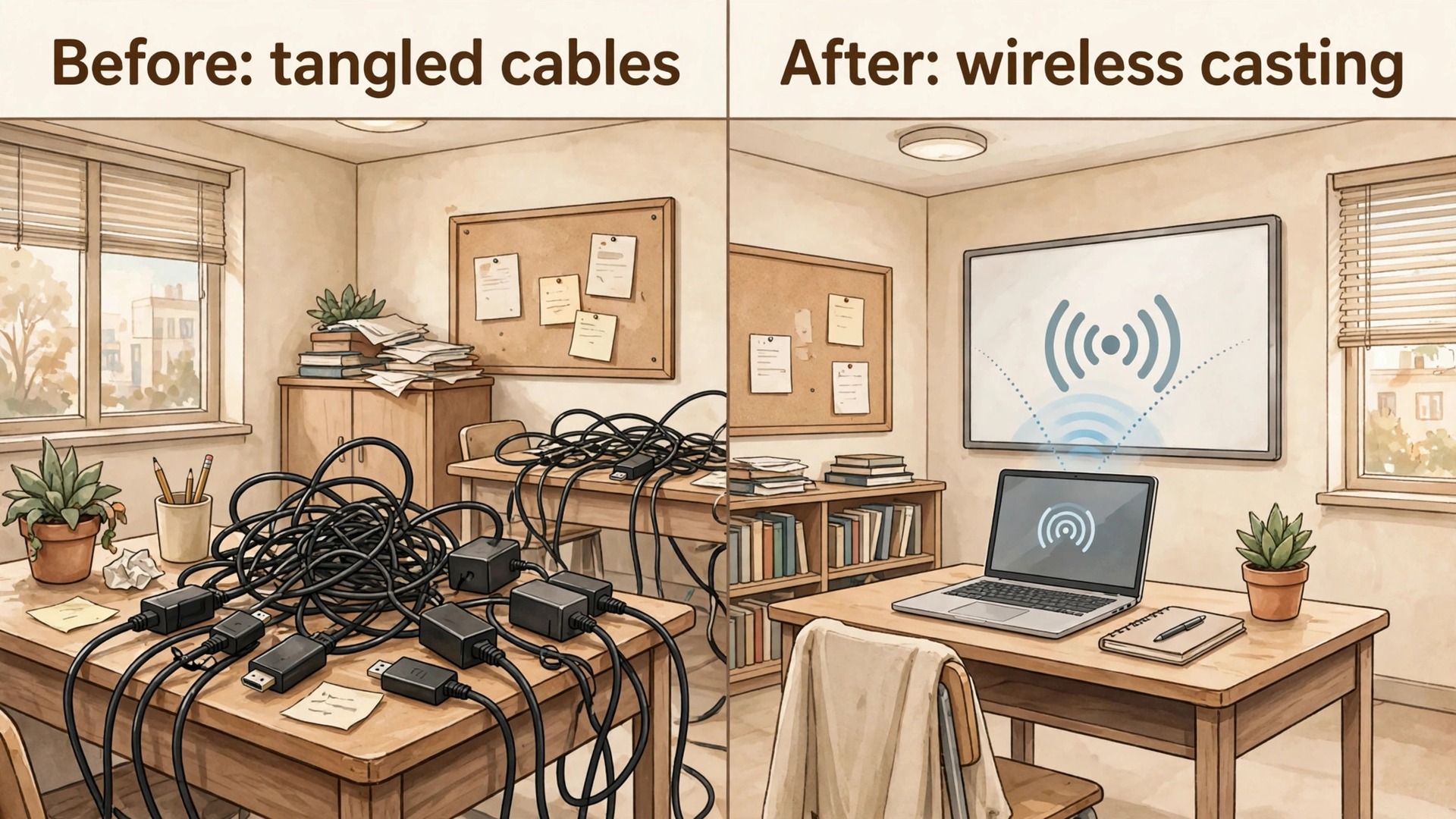 Before and after visual of tangled cables versus wireless classroom casting