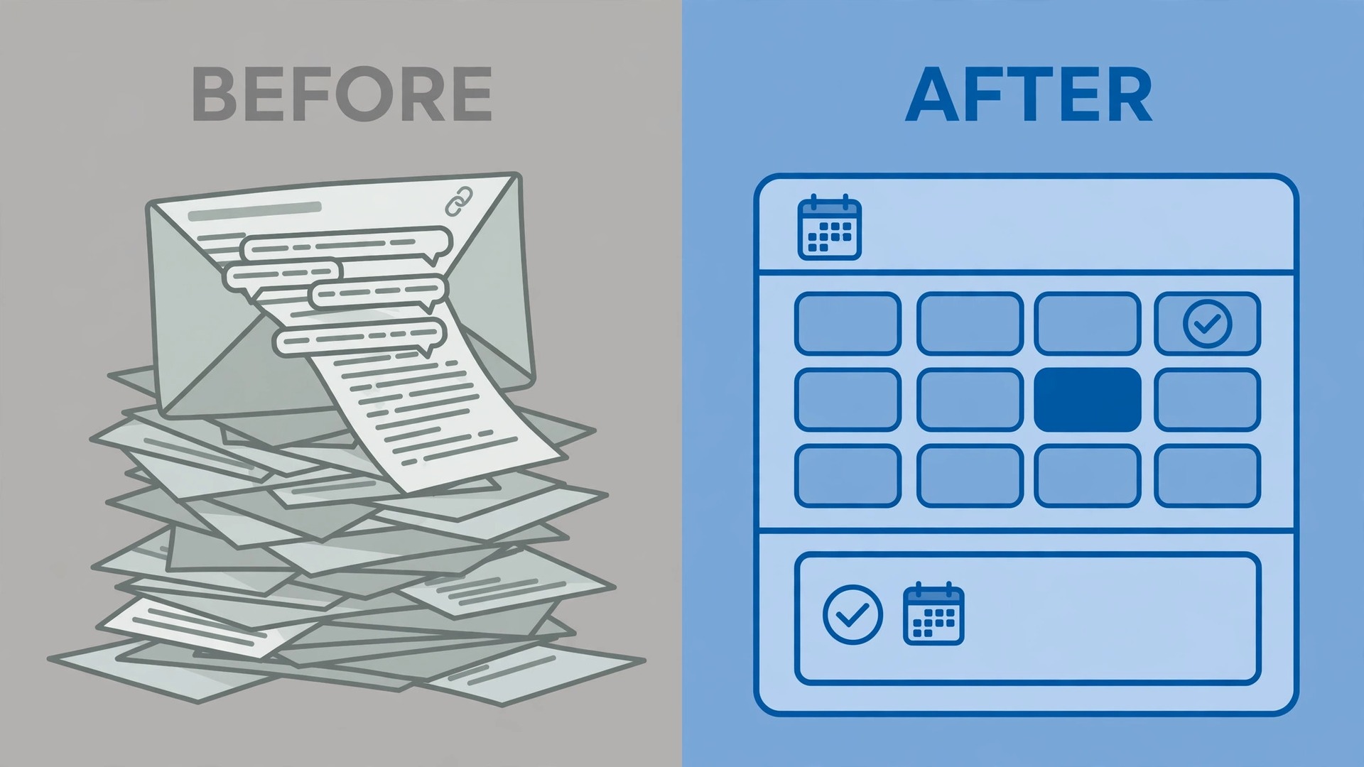 Before and after visual comparing email scheduling threads with a Calendly booking page
