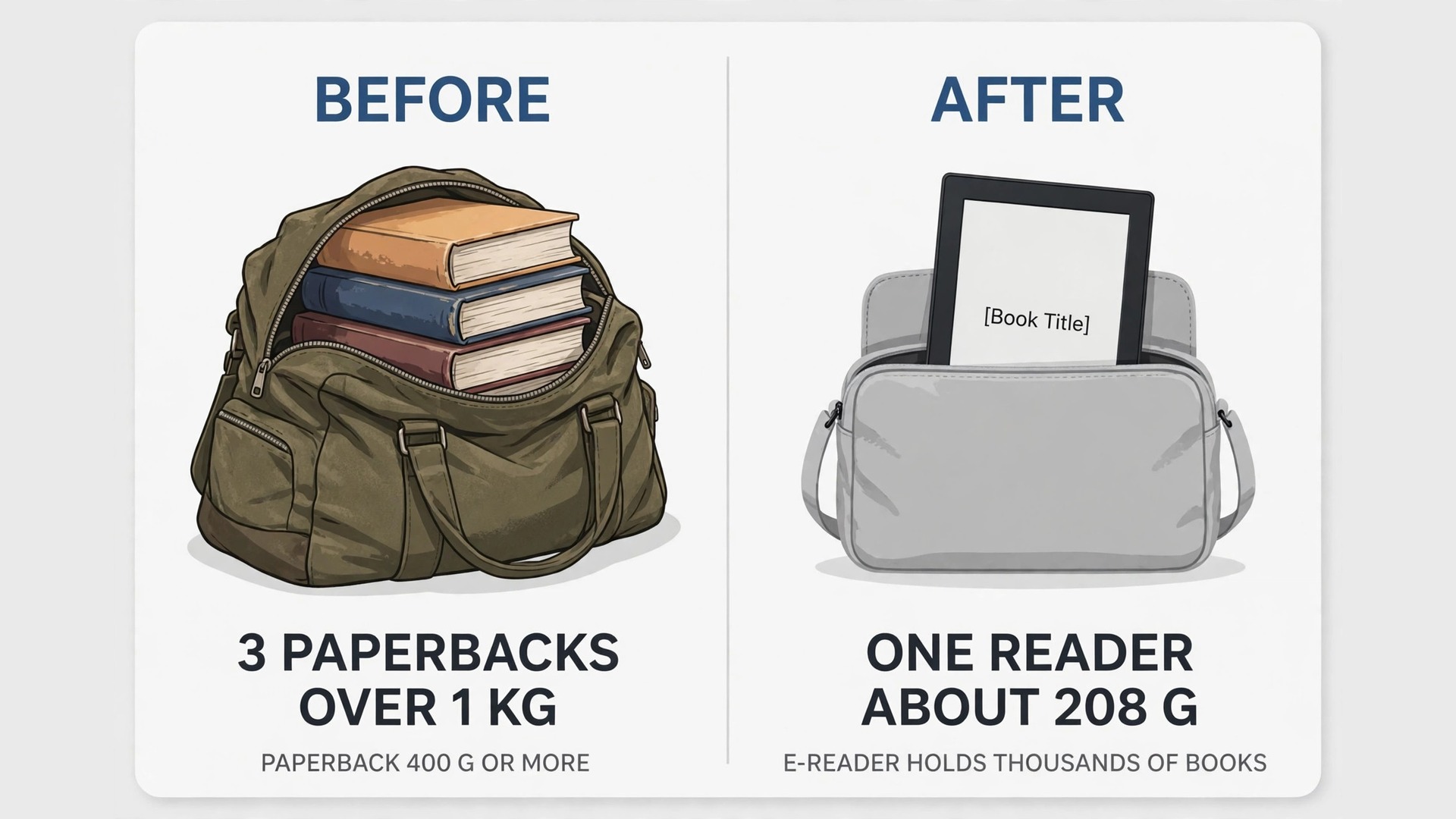Before and after visual of a heavy paperback bag beside a slim e-reader bag