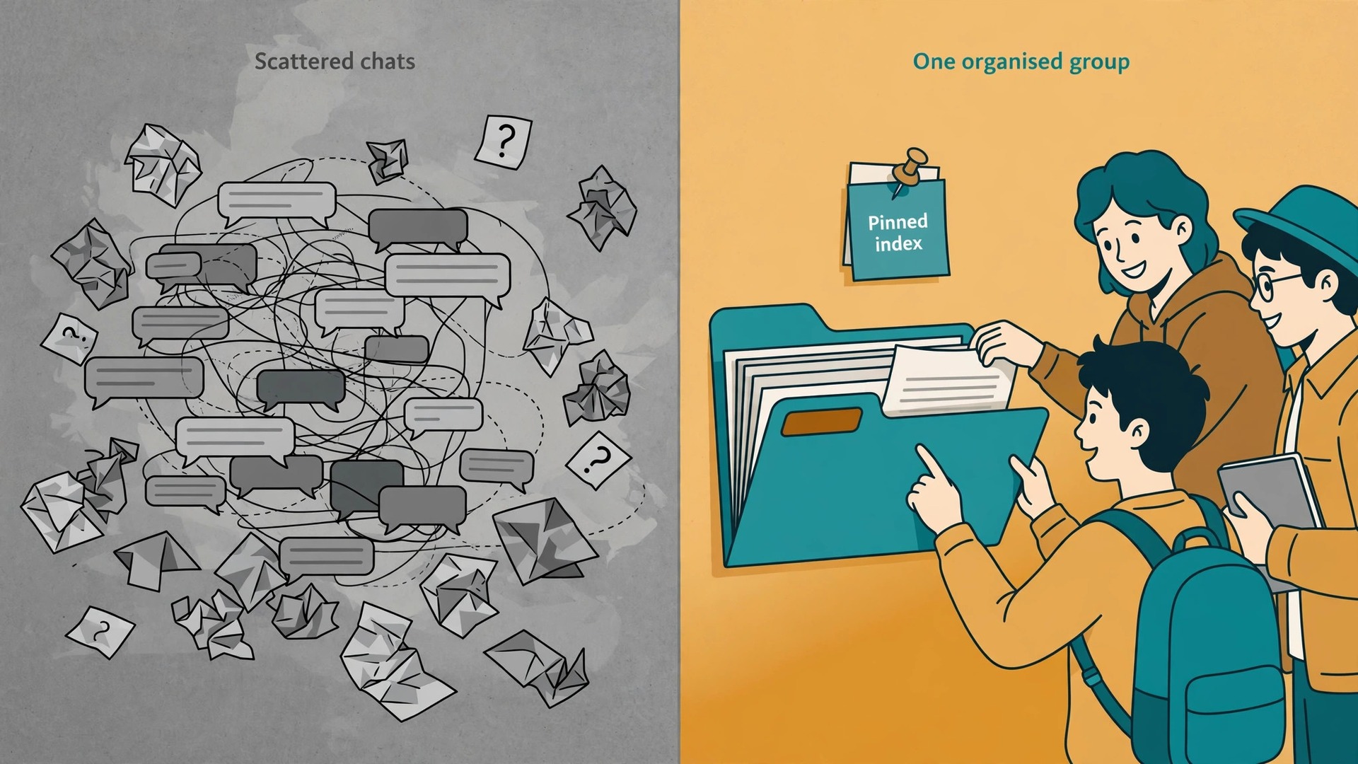 Scattered class chats compared with one organised Telegram study group