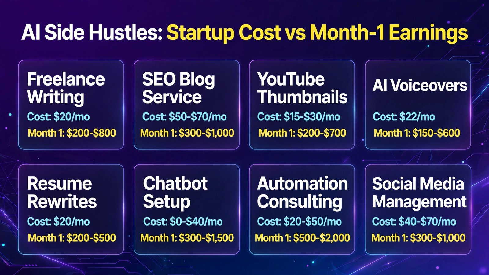AI side hustles startup costs and first-month earnings compared (infographic)