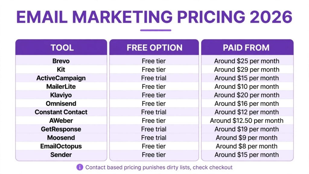 Mailchimp alternatives pricing compared, free tiers and paid prices for 2026