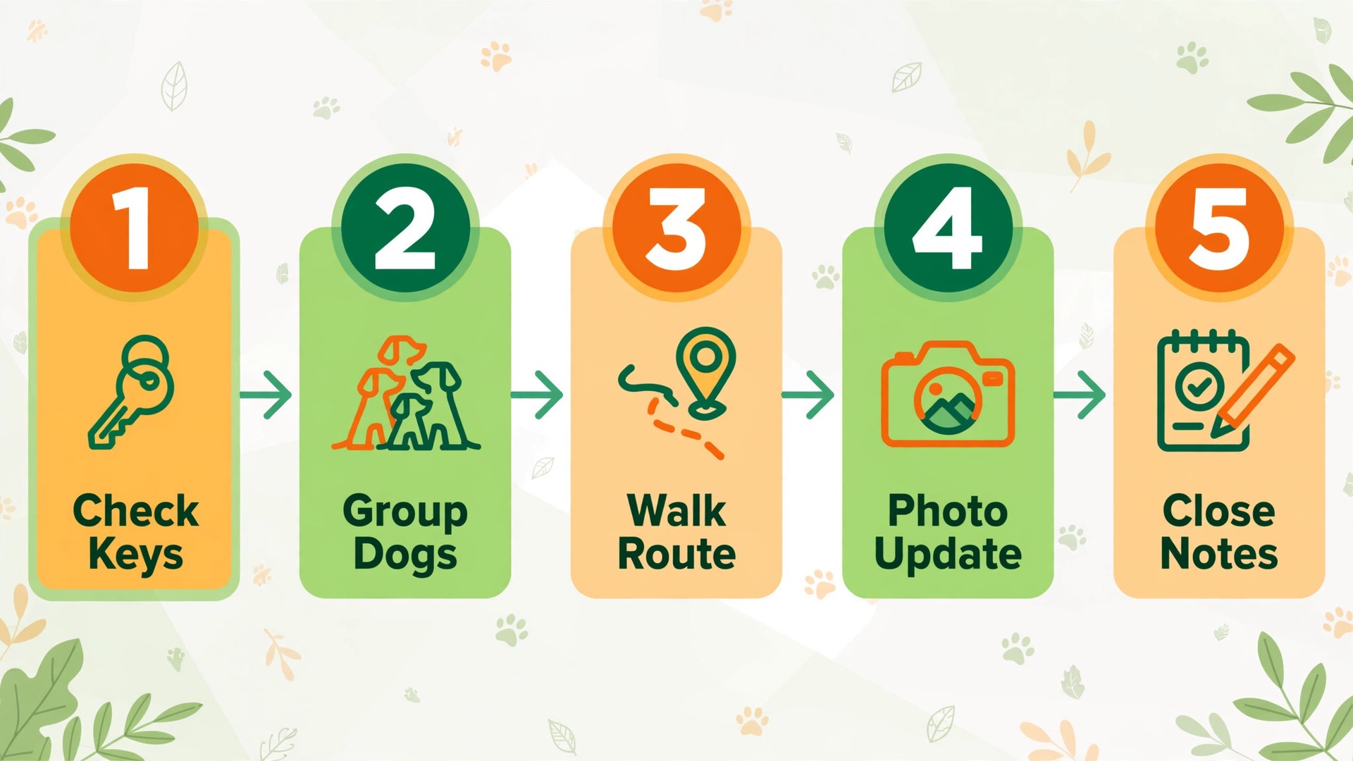 flowchart visual for daily dog walking route steps.
