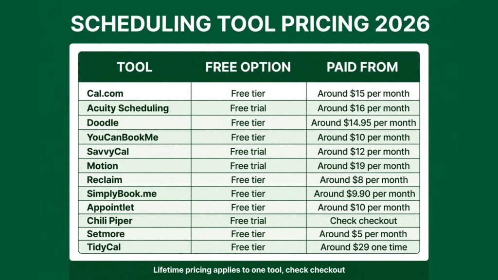Calendly alternatives pricing compared, free tiers and paid prices for 2026