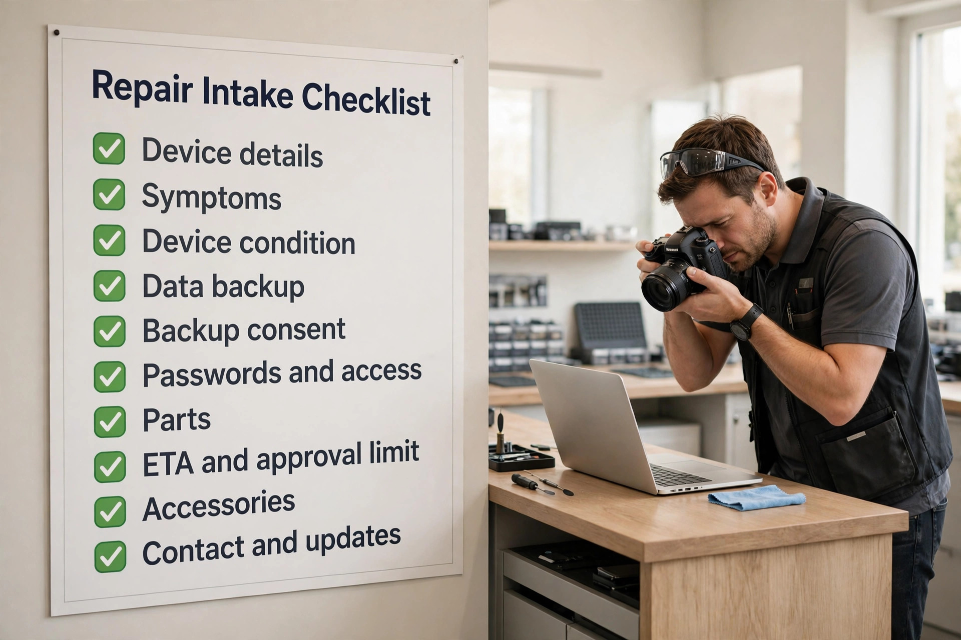 checklist visual for computer repair intake device symptoms data backup consent parts and ETA.