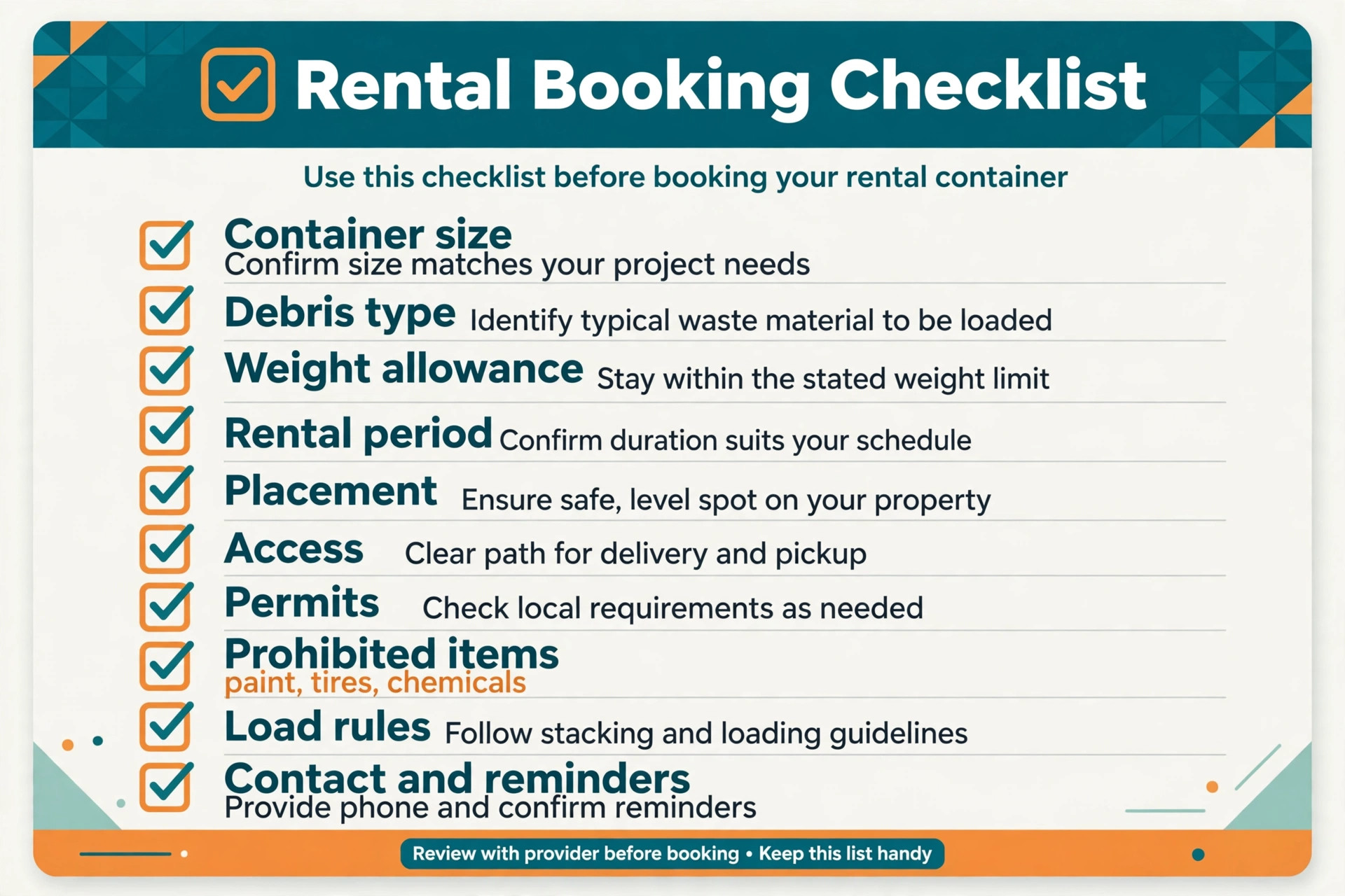 checklist visual for dumpster rental booking questions.