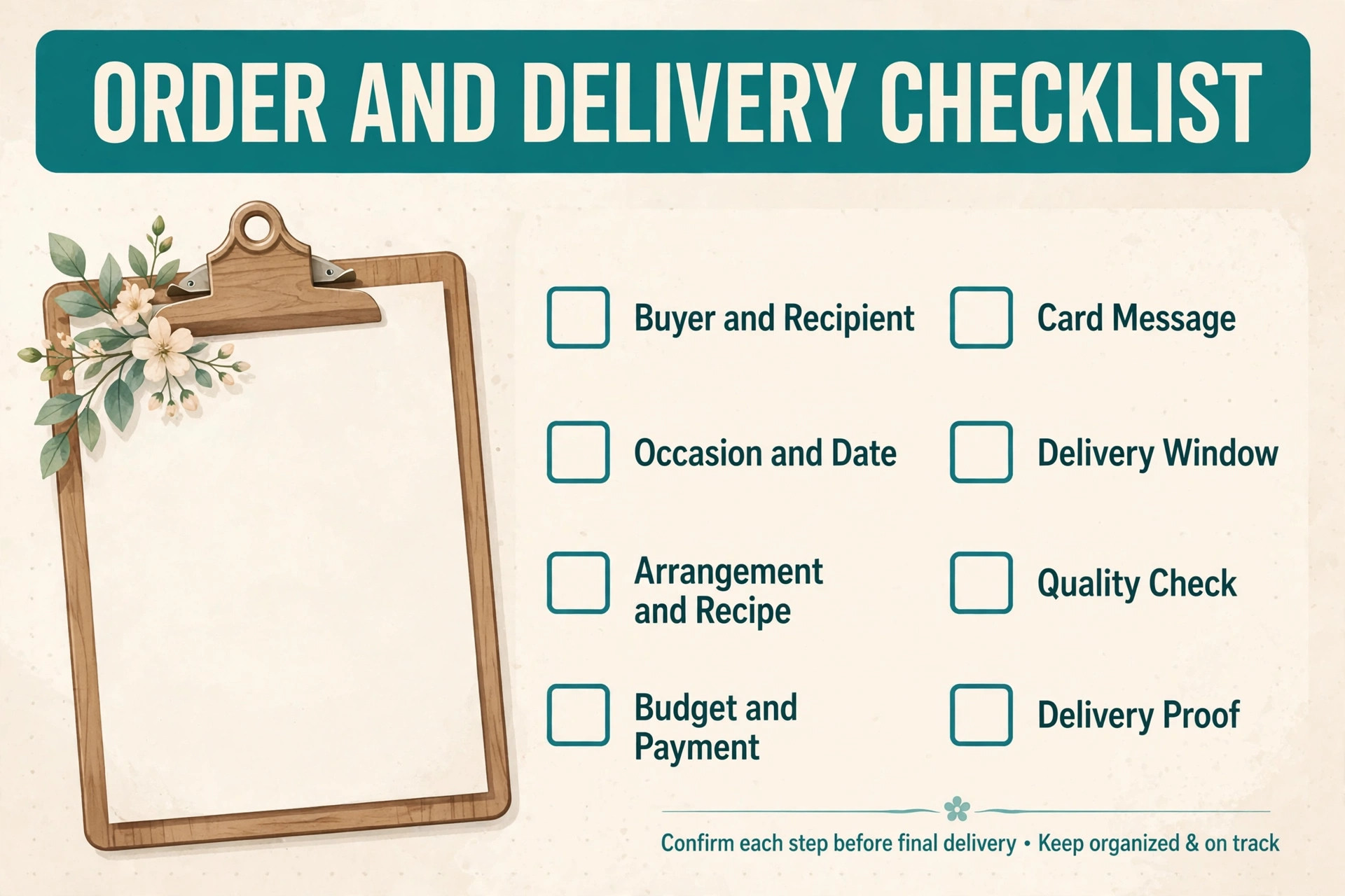 Checklist visual for florist order and delivery details.