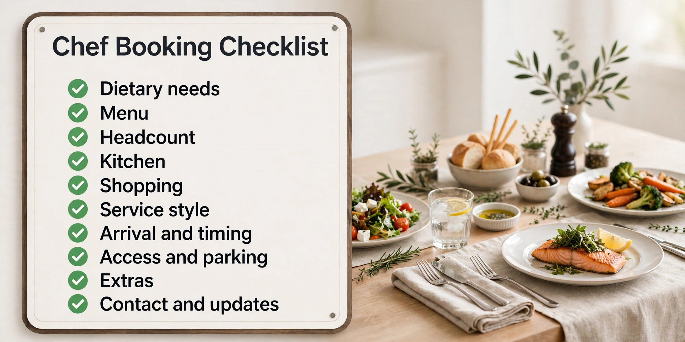 checklist visual for chef booking dietary needs menu headcount kitchen and shopping.