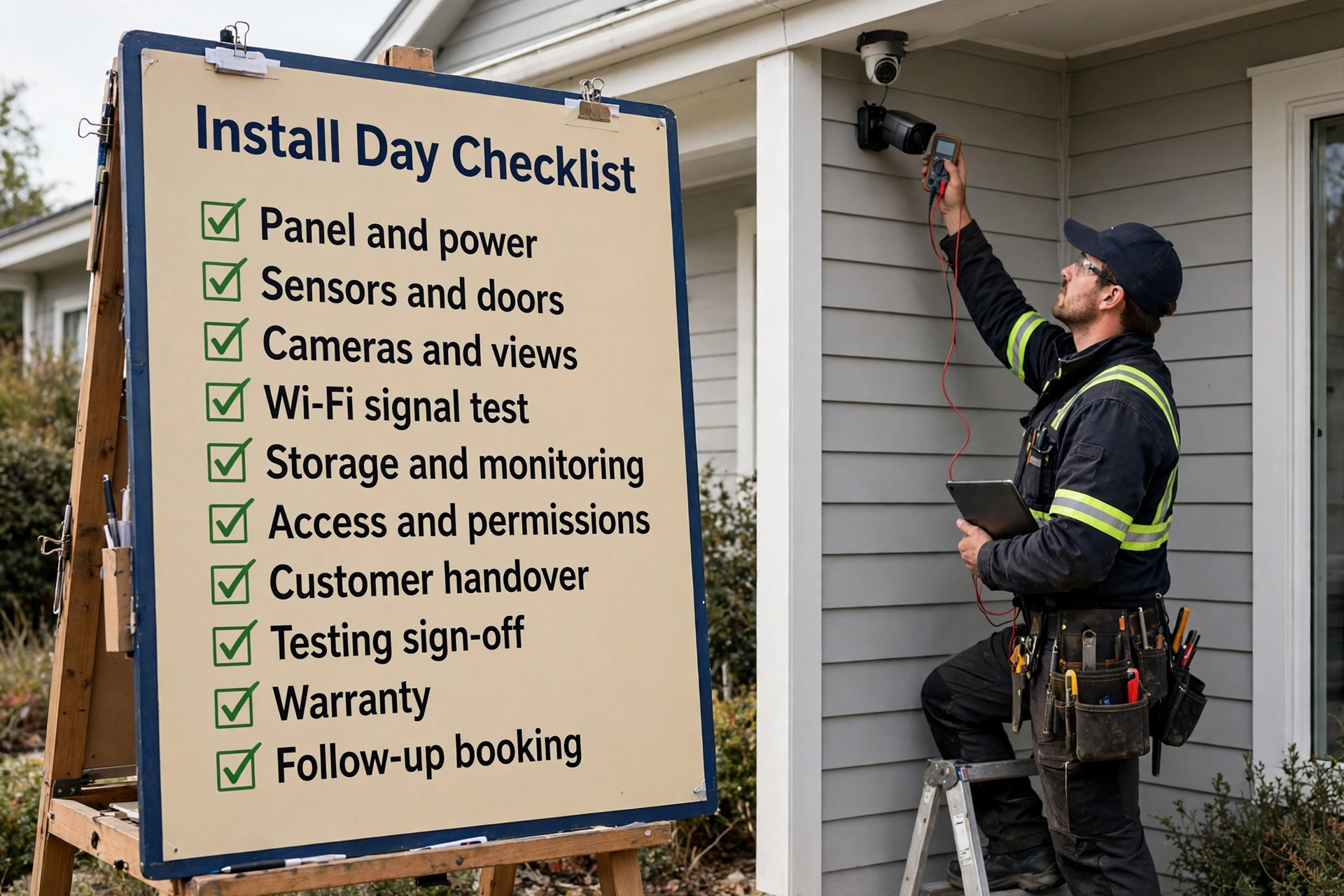 checklist visual for security install day panel sensors cameras Wi-Fi test and handover.